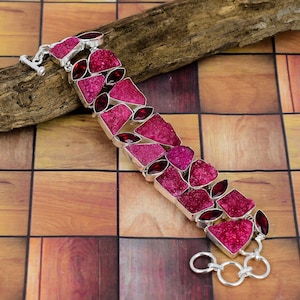 Pink Druzy Red Topaz 925 Silver Plated Bracelet Jewelry, Unique Designer Handcrafted Jewelry