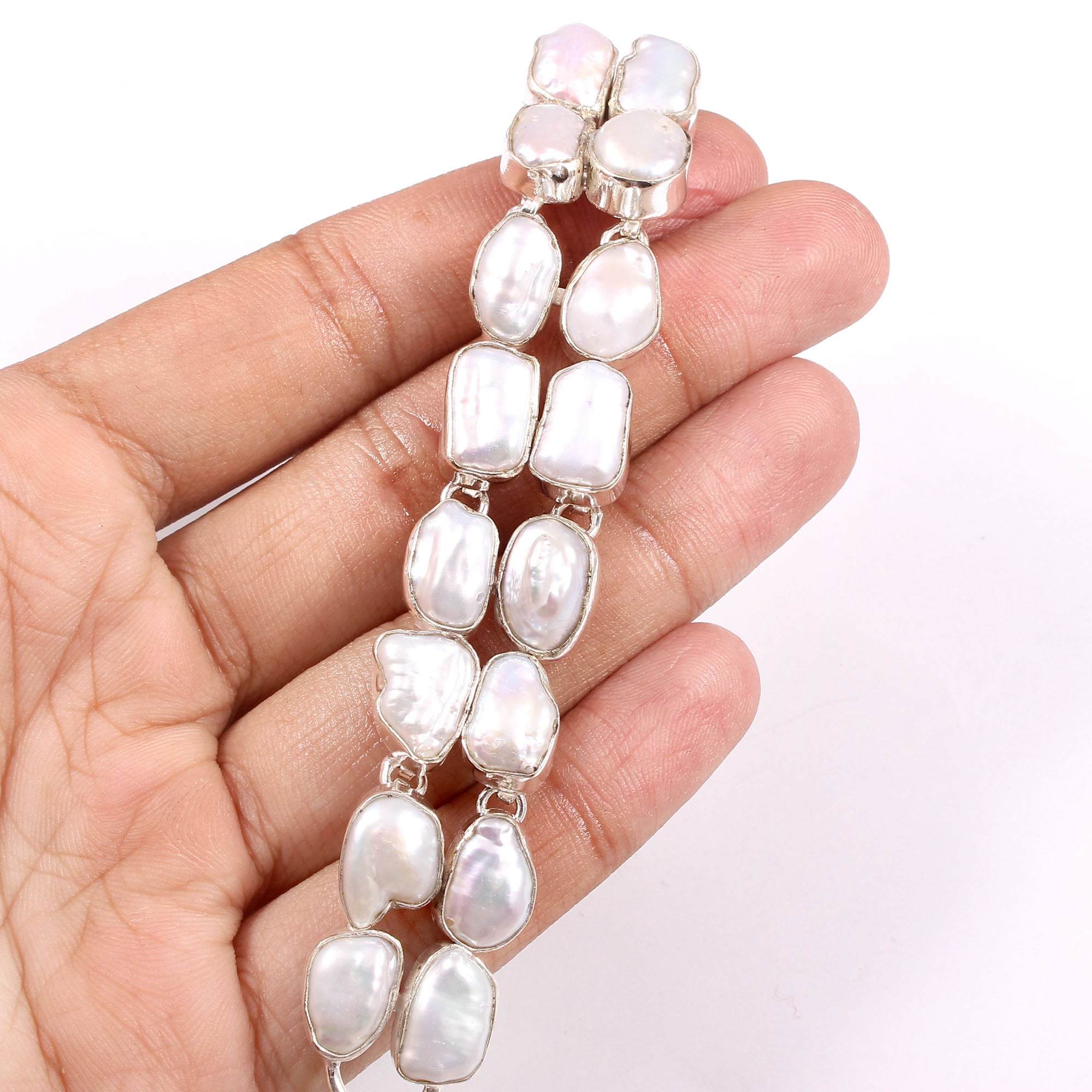 White Biwa Pearl Gemstone 925 Sterling Silver Bracelet Biwa