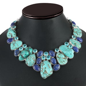Turquoise Lapis Lazuli Blue Topaz 925 Silver plated Necklace, Unique Designer Jewelry image 3
