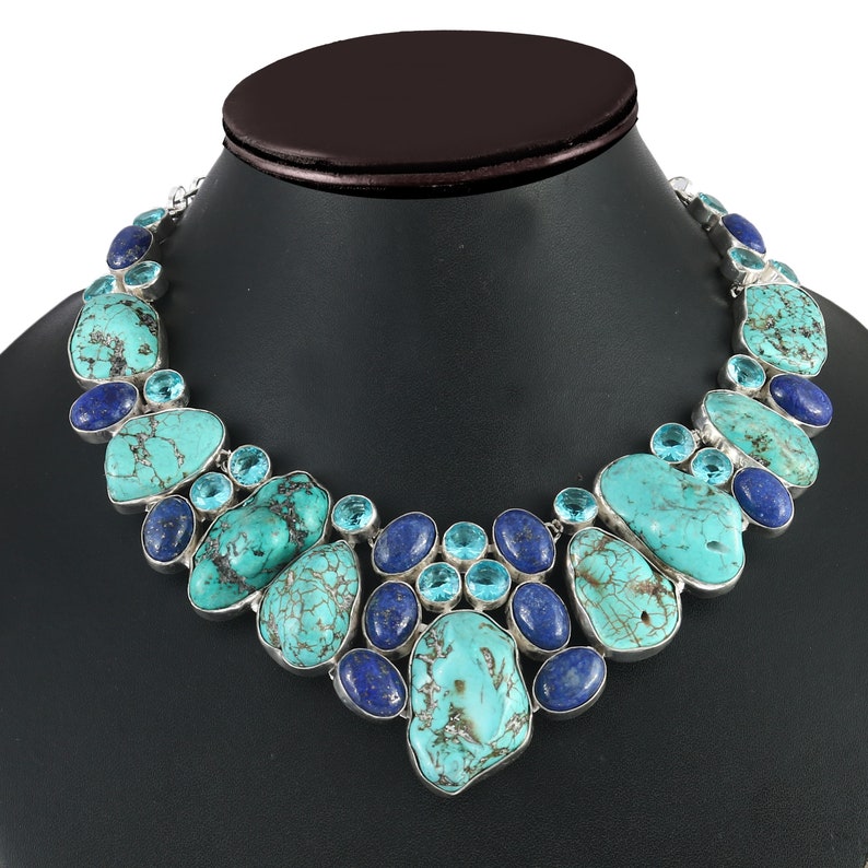 Collier plaqué argent turquoise lapis lazuli bleu topaze 925, bijoux de créateur uniques image 3