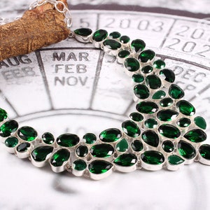 Handcrafted Green Emerald Quartz Bib Necklace: 925 Silver Plated