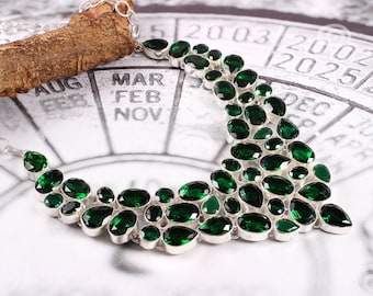 Handcrafted Green Emerald Quartz Bib Necklace: 925 Silver Plated