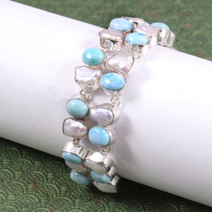 Natural Blue Larimar Biwa Pearl Gemstone 925 Sterling Silver Plated Bracelet, Party Wear Bracelet, Wedding Bracelet Jewelry