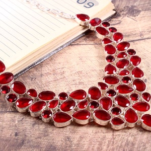 Faceted Red Garnet Quartz 925 Silver Plated Necklace, Garnet Necklace, Garnet jewelry, Garnet Choker necklace, Red Necklace