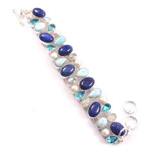 Lapis Lazuli Pearl Larimar Blue Topaz Moonstone Gemstone Silver plated Bracelet Jewelry