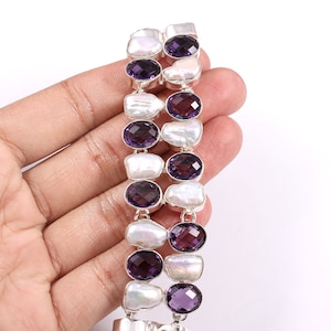 Biwa Pearl Amethyst 925 Silver Bracelet: Handmade Cuff Jewelry