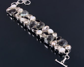 Black Rutile Biwa Pearl Moonstone Black Onyx Silver plated Bracelet Jewelry