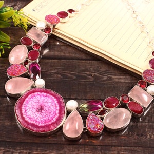 Pink Solar Druzy Biwa Pearl Bi-color Tourmaline Rose Quartz Red Topaz Silver Plated Necklace, Unique Designer Jewelry