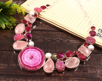 Pink Solar Druzy Biwa Pearl Bi-color Tourmaline Rose Quartz Red Topaz Silver Plated Necklace, Unique Designer Jewelry