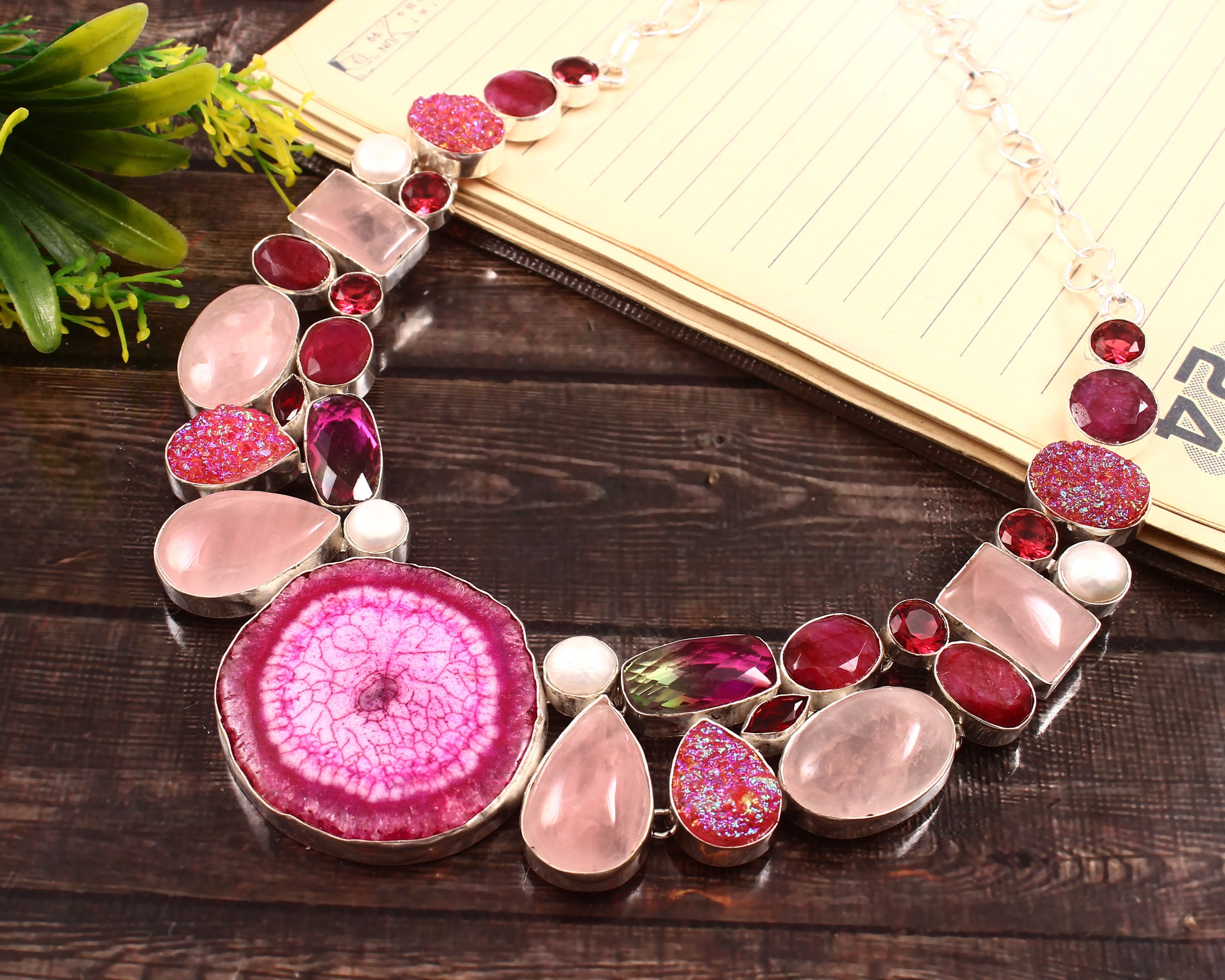 Pink Solar Druzy Biwa Pearl Bi-color Tourmaline Rose Quartz Red Topaz Silver Plated Necklace, Unique Designer Jewelry