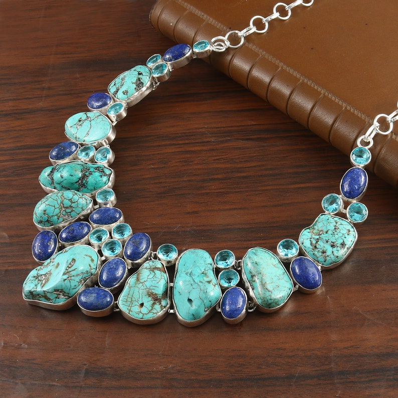 Turquoise Lapis Lazuli Blue Topaz 925 Silver plated Necklace, Unique Designer Jewelry image 1