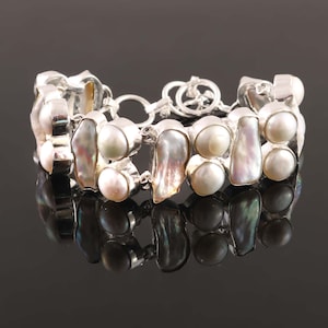 White Pearl Biwa Pearl Gemstone Bracelet 925 Silver plated, Fresh Water Pearl, Unique Jewelry