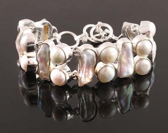 White Pearl Biwa Pearl Gemstone Bracelet 925 Silver plated, Fresh Water Pearl, Unique Jewelry