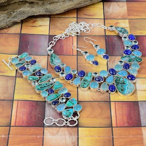 Lapis Lazuli Chrysocolla Malachite Gemstone Necklace Bracelet Earrings Designer Jewelry, Wedding Jewelry