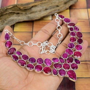 Handcrafted Ruby Gemstone Necklace: 925 Sterling Silver Plated Jewelry