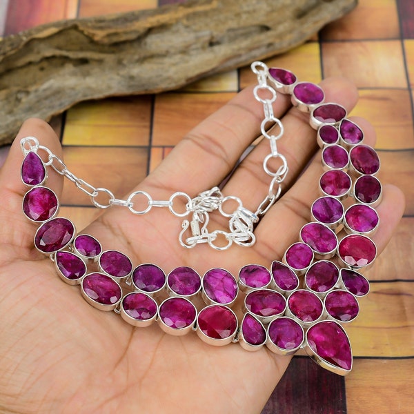 Beautiful Faceted Ruby Gemstone 925 Sterling Silver Plated Necklace Jewelry, Handcrafted Jewelry, Wedding Jewelry, Statement Necklace