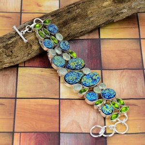 Beautiful Titanium  Druzy Prehnite Peridot 925 Silver Plated Bracelet Jewelry, Unique Designer Handcrafted Jewelry