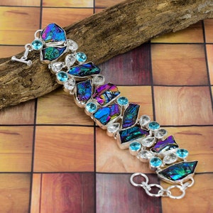 Rough Raw Blue Titanium Druzy Blue Topaz White Topaz 925 Silver plated Bracelet , Unique Designer Jewelry