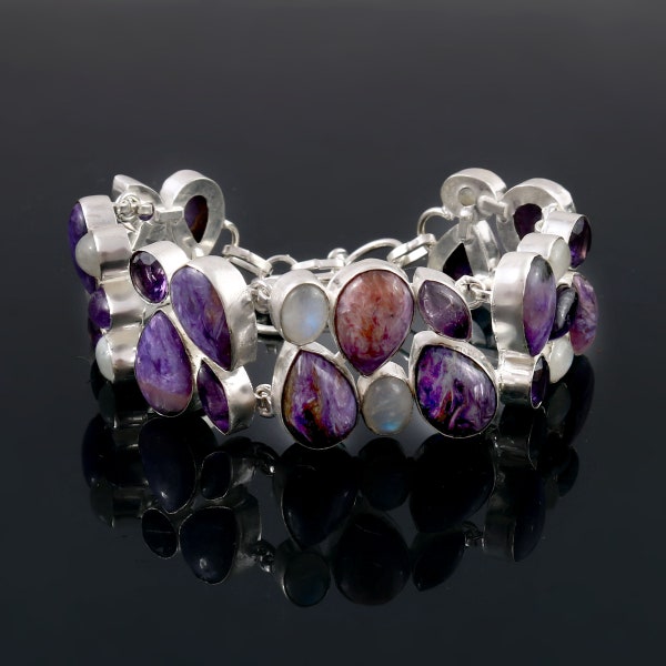 Purple Charoite Amethyst White Rainbow Moonstone Silver plated Bracelet , Unique Designer Jewelry