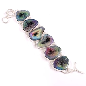 Rainbow Druzy Agate Bracelet: Silver Plated Handmade Jewelry