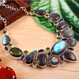 Natural Flashy Labradorite Peridot Amethyst Gemstone 925 Silver plated Necklace, Designer necklace, huge necklace, Bib Necklace