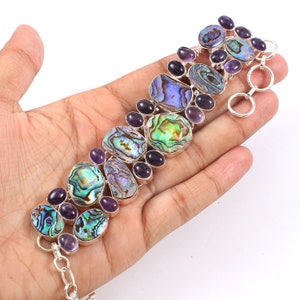 Abalone Shell Amethyst Gemstone 925 Silver Bracelet, Natural Gemstone Jewelry, Unique Designer Jewelry