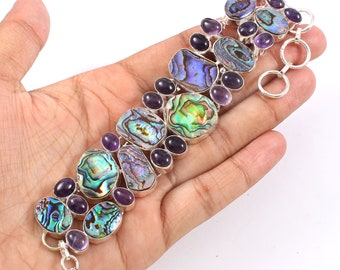 Abalone Shell Amethyst Gemstone 925 Silver Bracelet, Natural Gemstone Jewelry, Unique Designer Jewelry