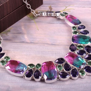 Bi-color Tourmaline Amethyst Blue Topaz Multi-gemstone 925 Silver Plated Necklace