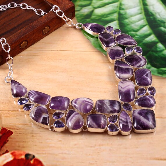 Collier Ethnique Plaqué Argent Avec Pendentif 2 Pierres Violet Améthyste - Longueur Réglable ~55 Cm