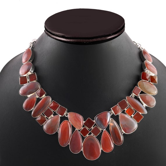 Collier En Argent 925 Avec Jaspe De Cornaline Naturel - Longueur 20,5 Pouces, Fait Main
