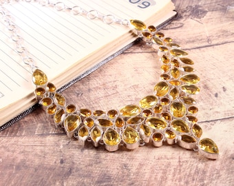 Faceted Citrine Quartz 925 Silver Plated Necklace, Citrine Necklace, Wedding Jewelry, Choker Necklace, Party wear jewelry