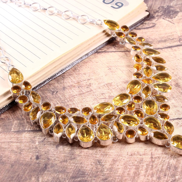 Faceted Citrine Quartz 925 Silver Plated Necklace, Citrine Necklace, Wedding Jewelry, Choker Necklace, Party wear jewelry