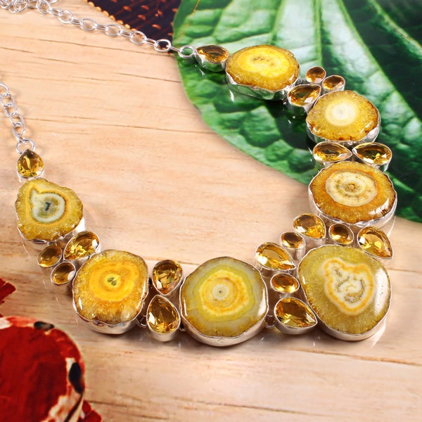 Yellow Solar Druzy Citrine Gemstone 925 Silver Plated Necklace Jewelry , Unique Handmade Jewelry