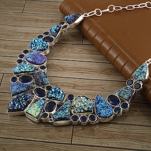 Blue Titanium Druzy Blue Topaz 925 Silver plated Necklace, Unique Designer Jewelry