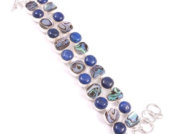 Genuine Abalone Shell Blue Lapis Gemstone Silver Plated Bracelet, Abalone lapis Bracelet, Abalone shell Bracelet, Lapis Bracelet, Statement