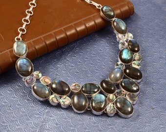 Genuine Flashy Labradorite Abalone Shell Gemstone 925 Silver Plated Beautiful Necklace Jewelry