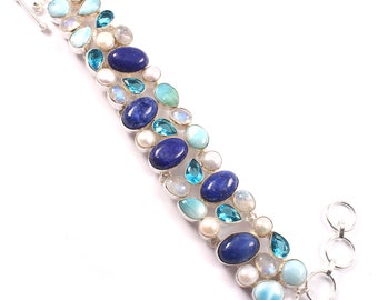 Lapis Lazuli Pearl Larimar Blue Topaz Moonstone Gemstone Silver plated Bracelet Jewelry