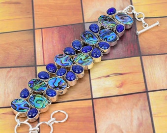 Abalone Shell Lapis Lazuli 925 Silver plated Bracelet, Natural Gemstone Jewelry, Unique Designer Jewelry