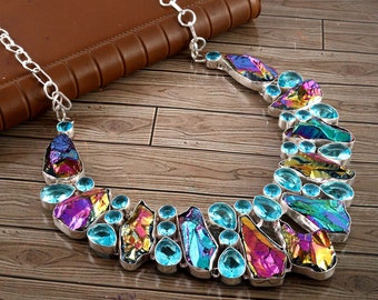 Raw Rough Shaded Titanium Druzy Blue Topaz 925 Collar plateado, joyas de diseño únicas
