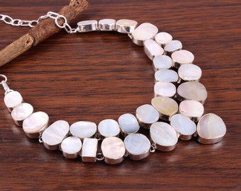 Mother of Pearl Gemstone 925 Silver Plated Necklace Jewelry, Bib Necklace, Wedding Necklace