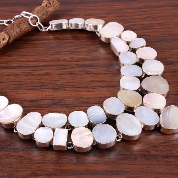 Mother of Pearl Gemstone 925 Silver Plated Necklace Jewelry, Bib Necklace, Wedding Necklace