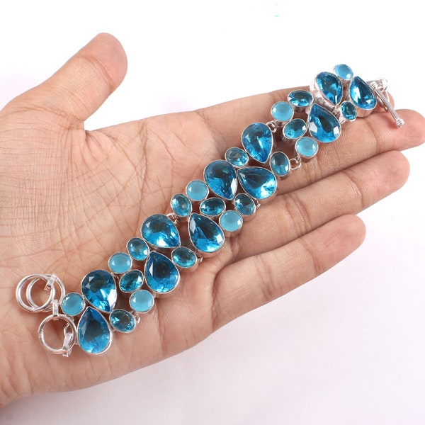 Bleu Topaze Calcédoine Argent plaqué Bracelet Bijoux