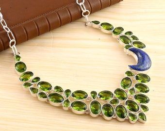 Peridot Crescent Shaped Lapis 925 Silver plated Necklace, Unique Designer Jewelry