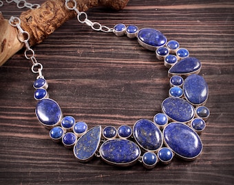 Natural Blue Lapis Lazuli Gemstone 925 Silver plated Necklace Jewelry, Unique Designer Jewelry