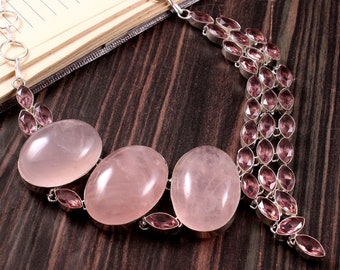 Natural Pink Rose Quartz Faceted Pink Amethyst Gemstone 925 Silver plated Necklace Jewelry