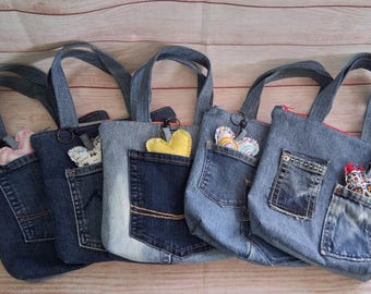 Small Recycled Denim Bags – Handmade Upcycled Crossbody Totes with Fun Print Linings – Denim Purse with Heart Keychain Charm – 5 Styles Avai