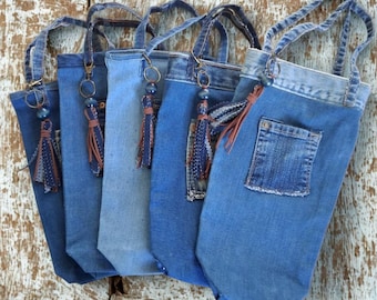 Recycled Denim Wine Tote with Cork Front Pocket & Suede Bag Charm Keychain  Eco-Friendly Wine Gift Bag
