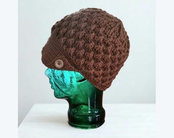 Handmade Womens Peaked Hat in Light Brown Crochet Stylish Winter Hat