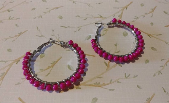 Pink Beaded Wire Wrapped Hoop Earrings.