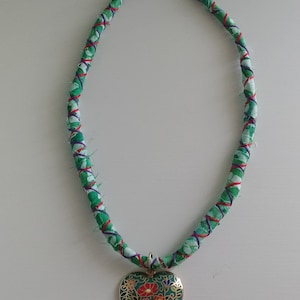 Fabric Wrapped Necklace Floral Heart Pendant